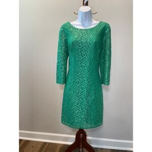 Lilly Pulitzer Dress Green with Lace & Metallic Silver Thread Detail – Size 10